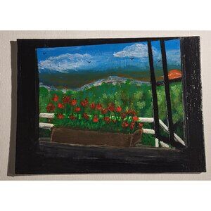 WINDOW-3 Black Shadow Mountain Window Painting On Canvas & Signed By "CANNOOVA"